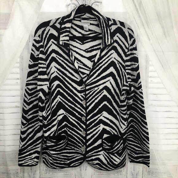 Chicos Size 2 Large Silk Cotton Button Knit Cardigan Jacket Black White Zebra - Picture 8 of 9